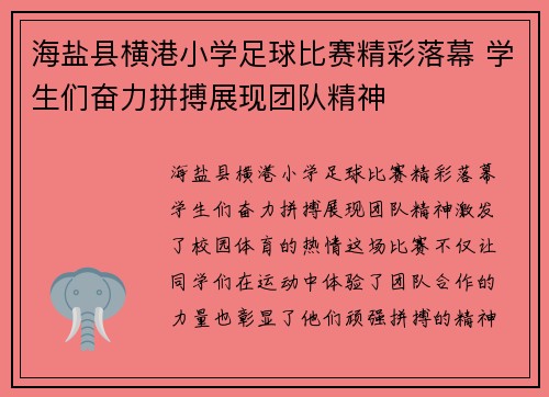 海盐县横港小学足球比赛精彩落幕 学生们奋力拼搏展现团队精神