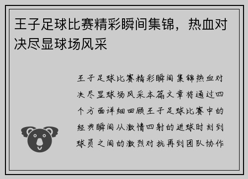 王子足球比赛精彩瞬间集锦，热血对决尽显球场风采
