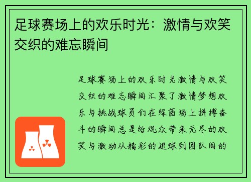 足球赛场上的欢乐时光：激情与欢笑交织的难忘瞬间