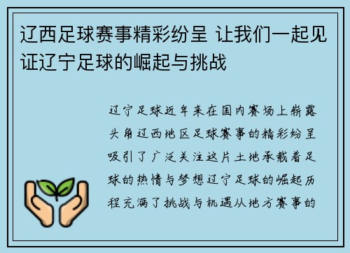 辽西足球赛事精彩纷呈 让我们一起见证辽宁足球的崛起与挑战