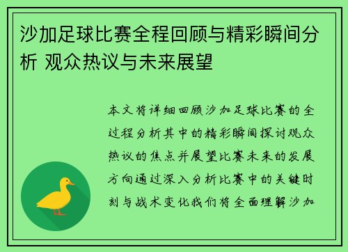 沙加足球比赛全程回顾与精彩瞬间分析 观众热议与未来展望