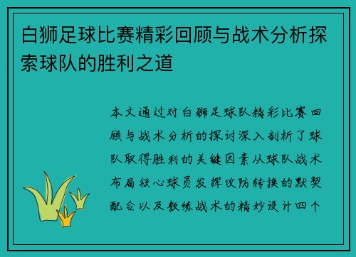 白狮足球比赛精彩回顾与战术分析探索球队的胜利之道