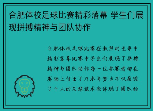 合肥体校足球比赛精彩落幕 学生们展现拼搏精神与团队协作