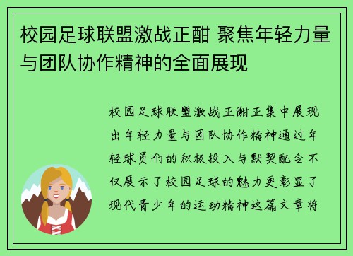 校园足球联盟激战正酣 聚焦年轻力量与团队协作精神的全面展现