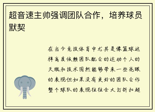 超音速主帅强调团队合作，培养球员默契