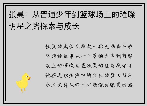 张昊：从普通少年到篮球场上的璀璨明星之路探索与成长