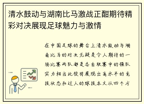 清水鼓动与湖南比马激战正酣期待精彩对决展现足球魅力与激情