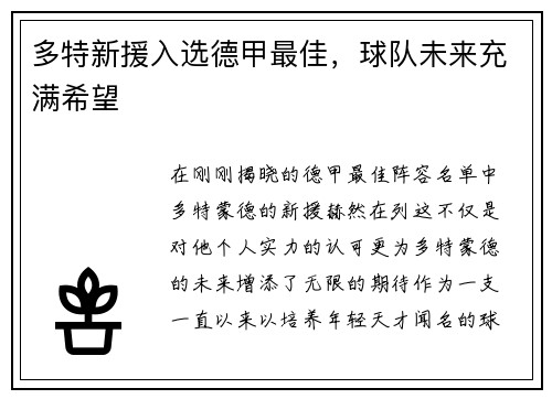 多特新援入选德甲最佳，球队未来充满希望